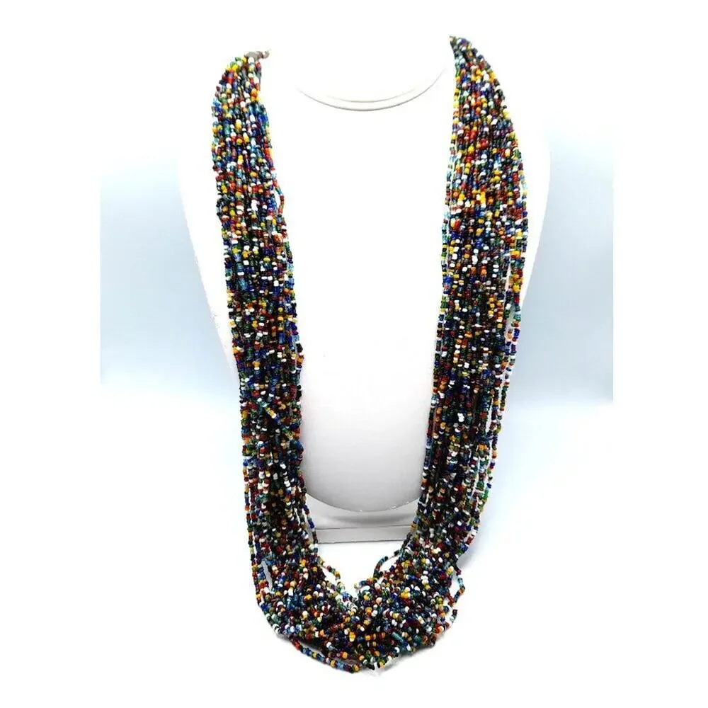 Vintage Multi-strand Glass Bead Necklace, Bohemian 28 Strands, 33 Inches